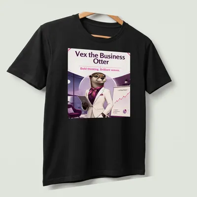 Business otter illustration with text on a colorful — printed on a unisex t-shirt (angled view)