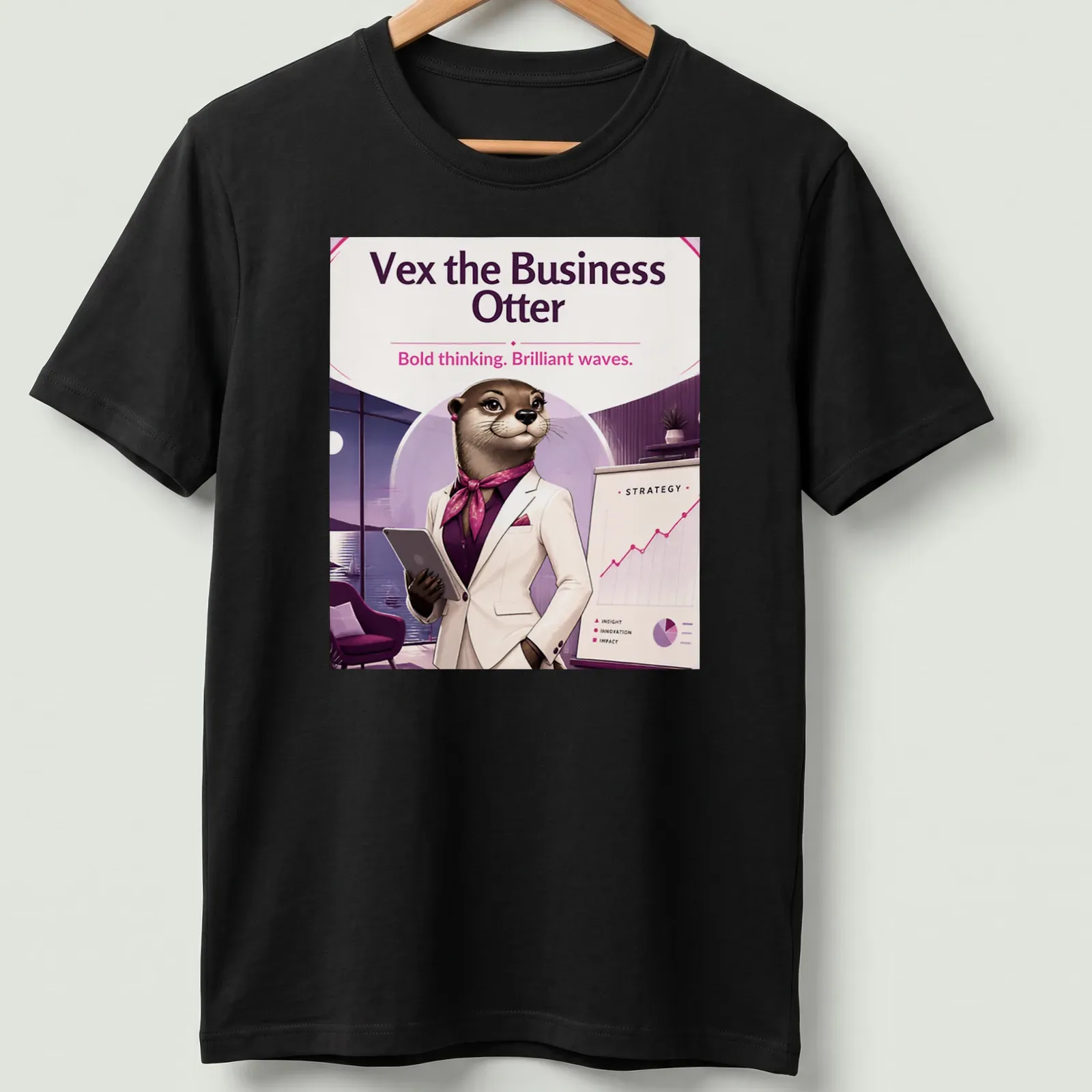 Business otter illustration with text on a colorful — printed on a unisex t-shirt