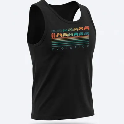 Retro video game controller evolution graphic in bright colors — printed on a tank top