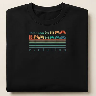 Retro video game controller evolution graphic in bright colors — printed on a unisex sweatshirt