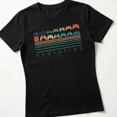Retro video game controller evolution graphic in bright colors — printed on a women's shirt