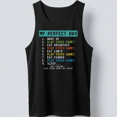 Pixel art T-shirt with a humorous daily schedule of a gamer — printed on a tank top