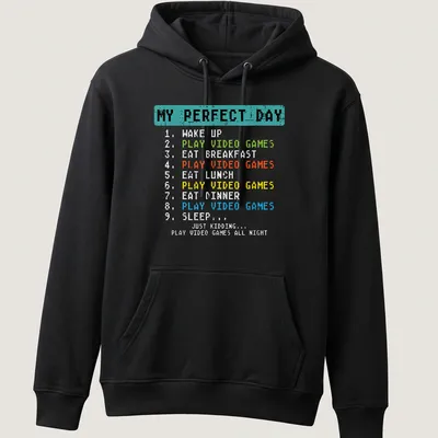 Pixel art T-shirt with a humorous daily schedule of a gamer — printed on a unisex hoodie