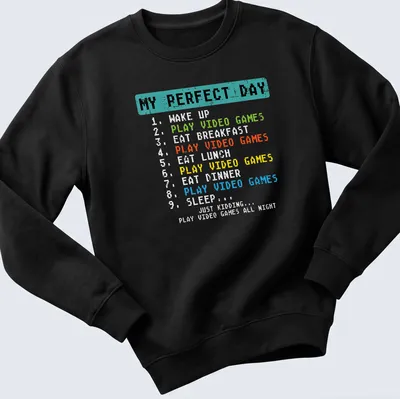 Pixel art T-shirt with a humorous daily schedule of a gamer — printed on a unisex sweatshirt