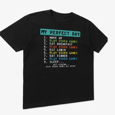 Pixel art T-shirt with a humorous daily schedule of a gamer — printed on a unisex t-shirt (angled view)