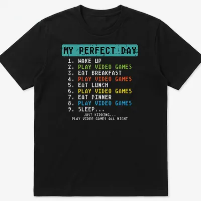 Pixel art T-shirt with a humorous daily schedule of a gamer