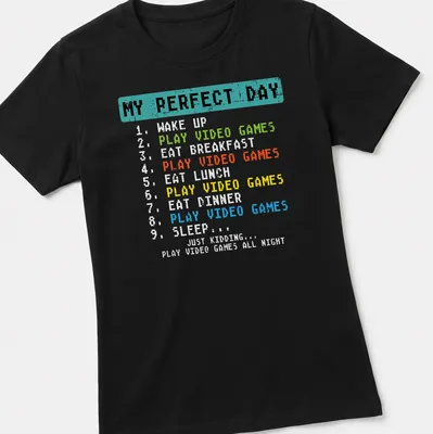 Pixel art T-shirt with a humorous daily schedule of a gamer — printed on a women's shirt