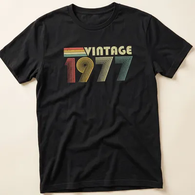 Distressed T-shirt with 'VINTAGE 1977' text in red, green, yellow, and cream colors
