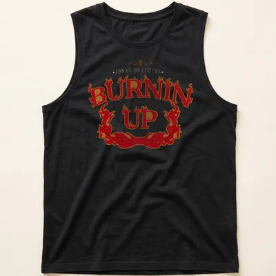 Bold retro print featuring flames and 'Jonas Brothers Burnin Up' text — printed on a tank top