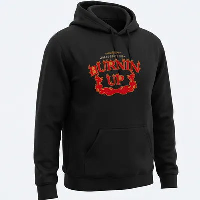 Bold retro print featuring flames and 'Jonas Brothers Burnin Up' text — printed on a unisex hoodie