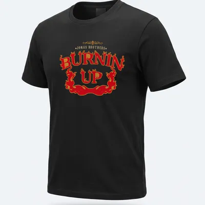 Bold retro print featuring flames and 'Jonas Brothers Burnin Up' text