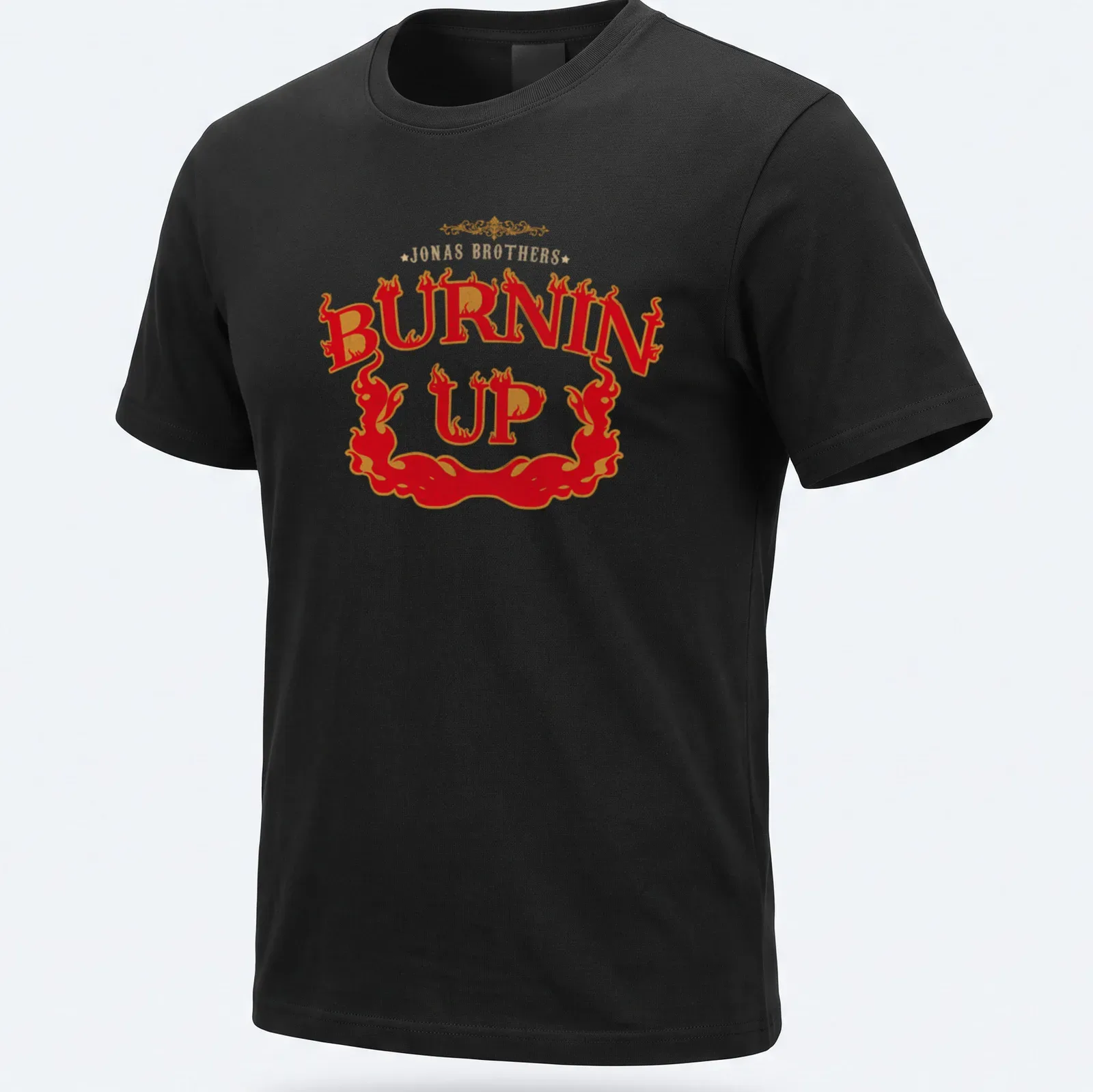 Bold retro print featuring flames and 'Jonas Brothers Burnin Up' text — printed on a unisex t-shirt