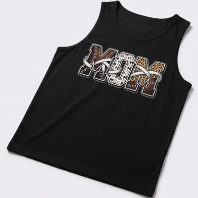 Leopard print mom t-shirt featuring baseball motifs in vintage style — printed on a tank top