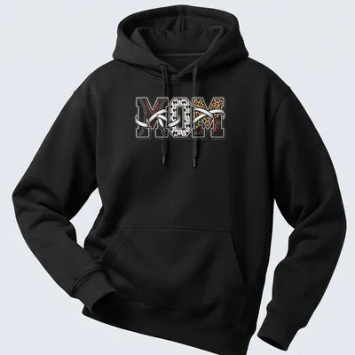 Leopard print mom t-shirt featuring baseball motifs in vintage style — printed on a unisex hoodie