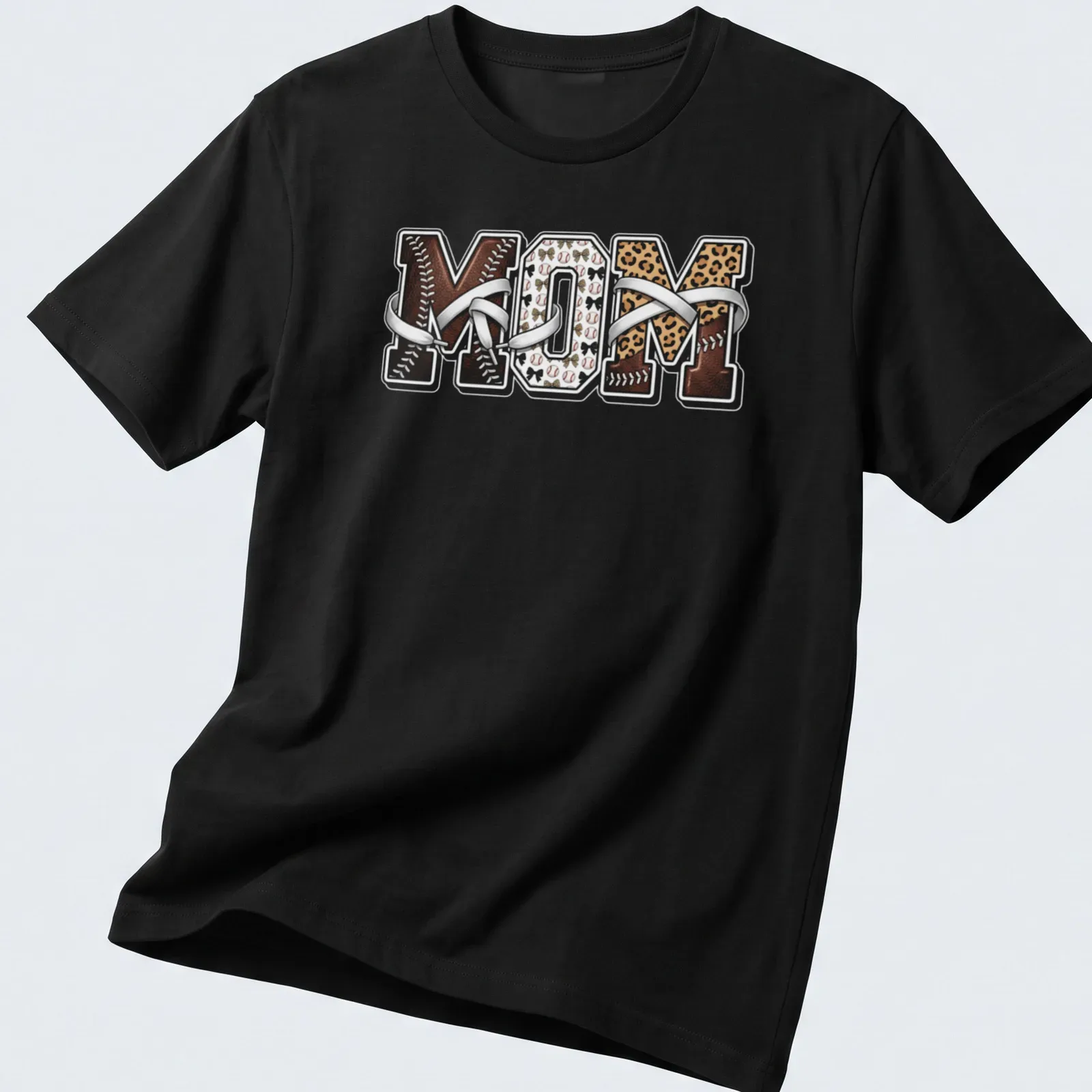 Leopard print mom t-shirt featuring baseball motifs in vintage style — printed on a unisex t-shirt