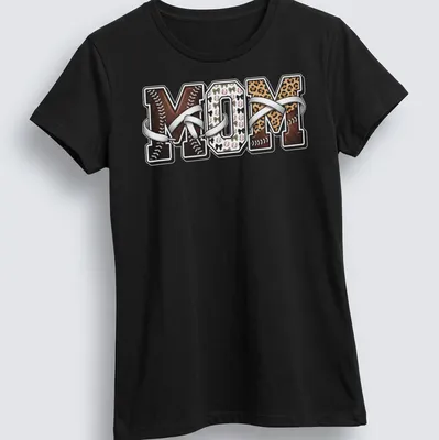 Leopard print mom t-shirt featuring baseball motifs in vintage style — printed on a women's shirt