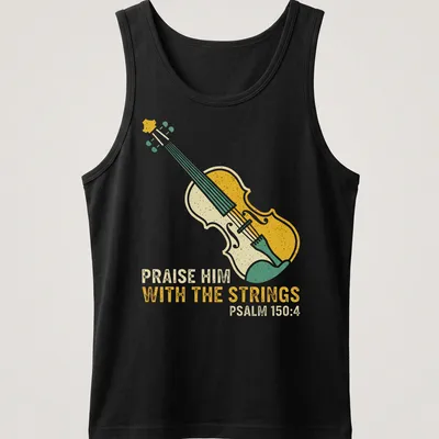 Colorful illustration of a violin with text about praising with strings. — printed on a tank top