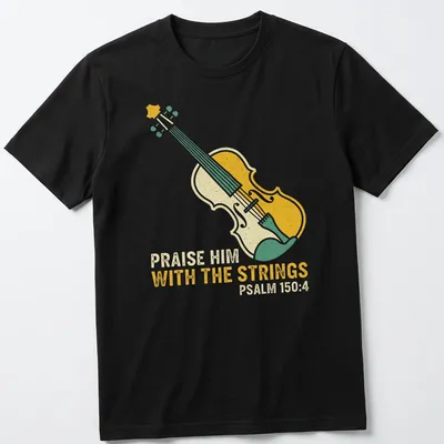 Colorful illustration of a violin with text about praising with strings.