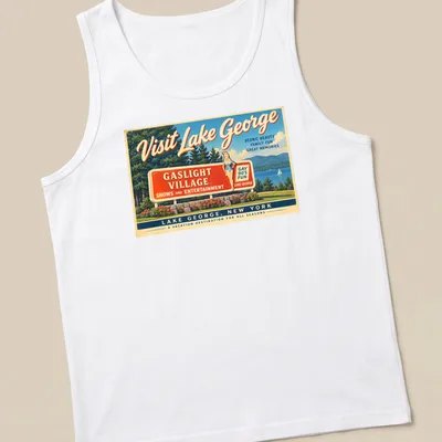 Vintage travel poster style t-shirt featuring Lake George Gaslight Village — printed on a tank top