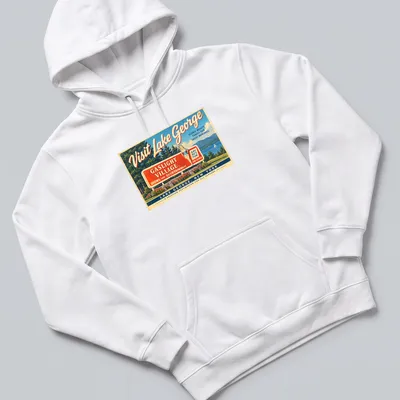 Vintage travel poster style t-shirt featuring Lake George Gaslight Village — printed on a unisex hoodie