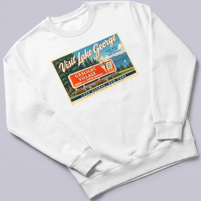 Vintage travel poster style t-shirt featuring Lake George Gaslight Village — printed on a unisex sweatshirt