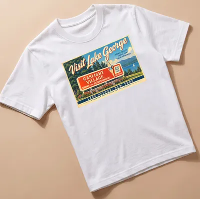 Vintage travel poster style t-shirt featuring Lake George Gaslight Village