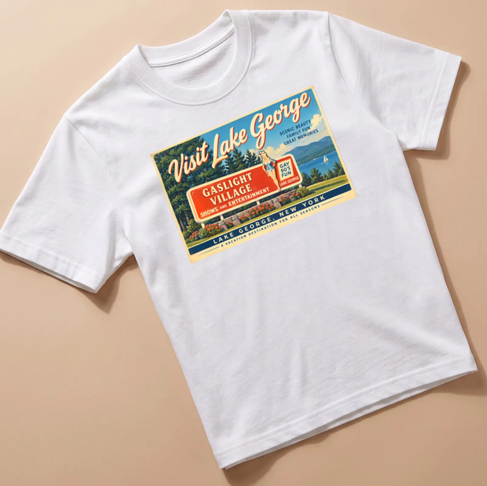 Vintage travel poster style t-shirt featuring Lake George Gaslight Village — printed on a unisex t-shirt