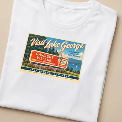 Vintage travel poster style t-shirt featuring Lake George Gaslight Village — printed on a women's shirt