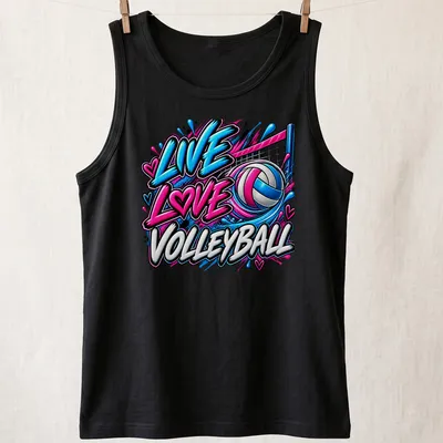 Colorful graffiti-style Volleyball Live Love t-shirt featuring bold lettering and dynamic design elements — printed on a tank top