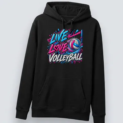 Colorful graffiti-style Volleyball Live Love t-shirt featuring bold lettering and dynamic design elements — printed on a unisex hoodie
