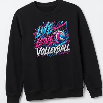 Colorful graffiti-style Volleyball Live Love t-shirt featuring bold lettering and dynamic design elements — printed on a unisex sweatshirt