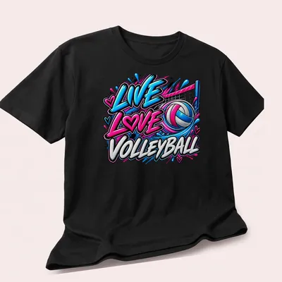Colorful graffiti-style Volleyball Live Love t-shirt featuring bold lettering and dynamic design elements — printed on a unisex t-shirt (angled view)