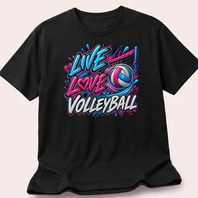 Colorful graffiti-style Volleyball Live Love t-shirt featuring bold lettering and dynamic design elements