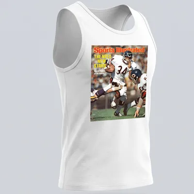 Vintage magazine cover design featuring Walter Payton, in red, white, blue, and orange hues. — printed on a tank top