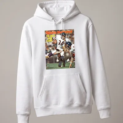 Vintage magazine cover design featuring Walter Payton, in red, white, blue, and orange hues. — printed on a unisex hoodie