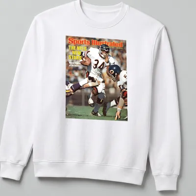 Vintage magazine cover design featuring Walter Payton, in red, white, blue, and orange hues. — printed on a unisex sweatshirt