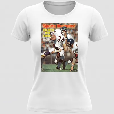 Vintage magazine cover design featuring Walter Payton, in red, white, blue, and orange hues. — printed on a women's shirt