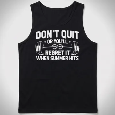 Bold typography t-shirt with the text 'Don't Quit or You'll End Up Like a Cucumber' for gym-goers — printed on a tank top