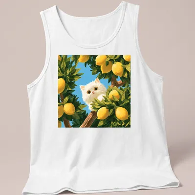 Playful illustration of a white cat peeking among vibrant lemon trees with yellow and green leaves — printed on a tank top