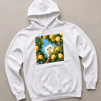 Playful illustration of a white cat peeking among vibrant lemon trees with yellow and green leaves — printed on a unisex hoodie