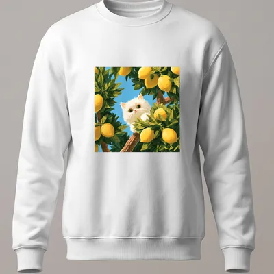 Playful illustration of a white cat peeking among vibrant lemon trees with yellow and green leaves — printed on a unisex sweatshirt