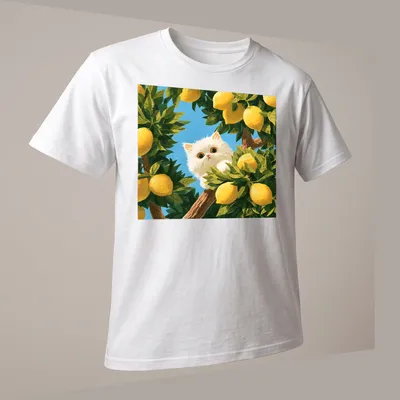 Playful illustration of a white cat peeking among vibrant lemon trees with yellow and green leaves — printed on a unisex t-shirt (angled view)