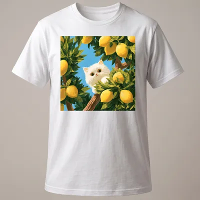 Playful illustration of a white cat peeking among vibrant lemon trees with yellow and green leaves