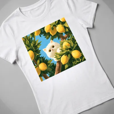 Playful illustration of a white cat peeking among vibrant lemon trees with yellow and green leaves — printed on a women's shirt