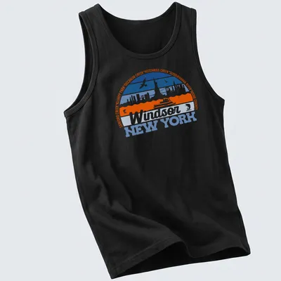 Retro vintage logo t-shirt featuring Windsor New York text in blue and orange — printed on a tank top