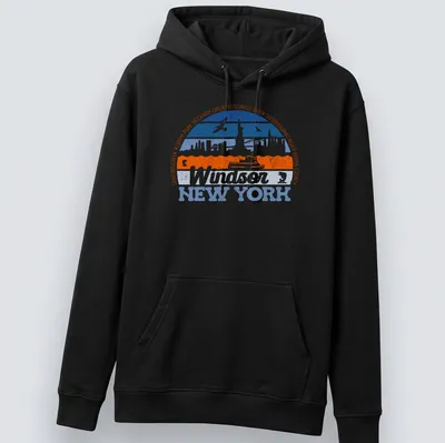 Retro vintage logo t-shirt featuring Windsor New York text in blue and orange — printed on a unisex hoodie
