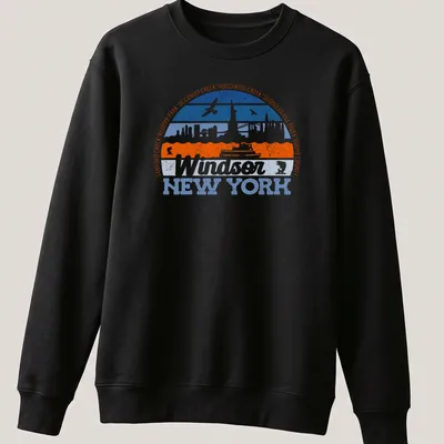 Retro vintage logo t-shirt featuring Windsor New York text in blue and orange — printed on a unisex sweatshirt