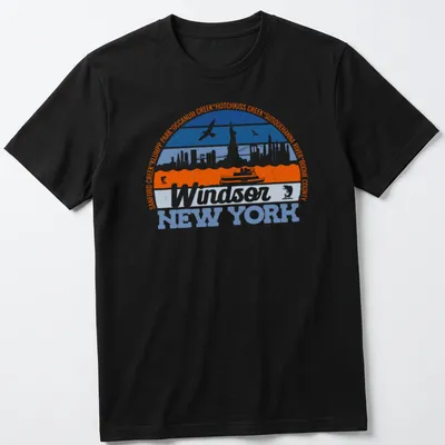 Retro vintage logo t-shirt featuring Windsor New York text in blue and orange