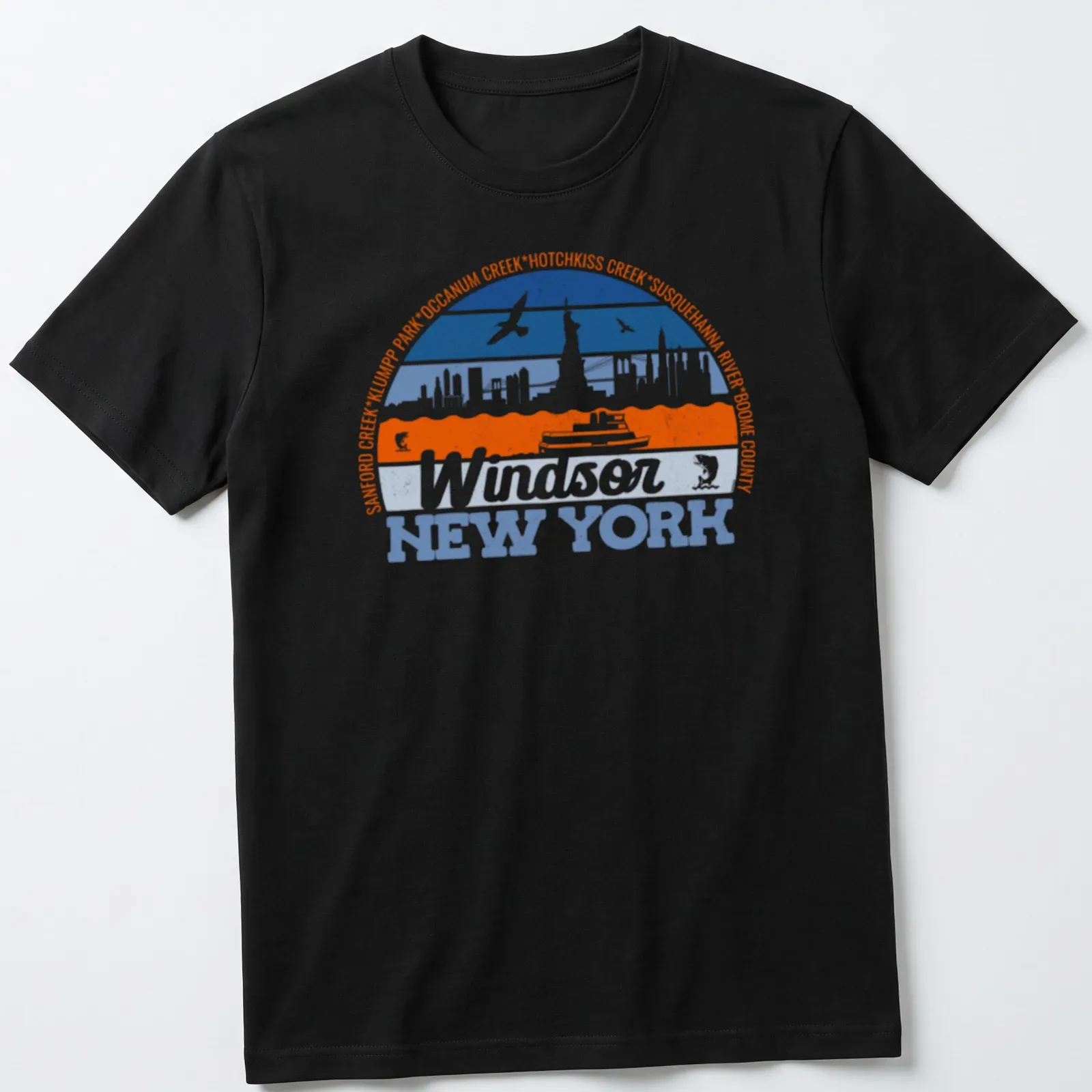 Retro vintage logo t-shirt featuring Windsor New York text in blue and orange — printed on a unisex t-shirt