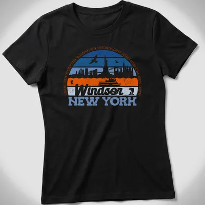 Retro vintage logo t-shirt featuring Windsor New York text in blue and orange — printed on a women's shirt
